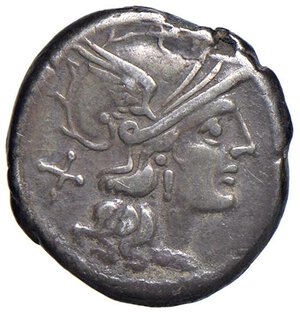 obverse: Pinaria - Pinarius Natta - Denario (149 a.C.) Testa di Roma a d. -  R/ La Vittoria su biga a d. - B. 1; Cr. 208/1 AG (g 4,35) Depositi al R/, di elevato peso. qBB