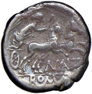 reverse: Pinaria - Pinarius Natta - Denario (149 a.C.) Testa di Roma a d. -  R/ La Vittoria su biga a d. - B. 1; Cr. 208/1 AG (g 4,35) Depositi al R/, di elevato peso. qBB