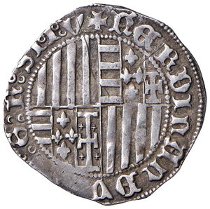 reverse: NAPOLI Ferdinando I d’Aragona (1458-1494) Carlino con sigla M - MIR 72 AG (g 3,57) Schiacciatura al bordo. Graffi al R/. BB