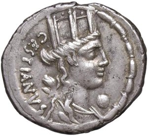 obverse: Plaetoria - M. Plaetorius M. f. Cestianus - Denario (67 a.C.) Busto di Cibele a d. - R/ Sedia curule - B. 3; Cr. 409/2 AG (g 3,70) Striature al D/. BB+