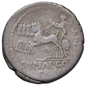 reverse: Plautia - P. Plautius Hypsaeus - Denario (60 a.C.) Testa di Leuconea a d. - R/ Giove su quadriga a s. - B. 12; Cr. 420/2 AG (g 3,75) Contromarca al D/. qBB