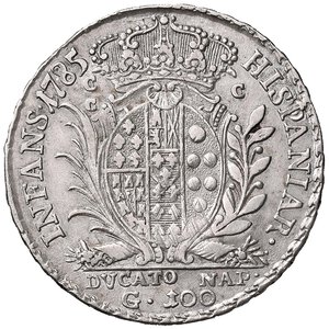 reverse: NAPOLI Ferdinando IV (1759-1799) Ducato 1785 sigla B P - Magliocca 261 AG (g 22,54) RRR Nei ducati d’argento il re indossa una corazza con l’egida sul petto in cui è chiaro il profilo. Questo esemplare invece presenta un diverso disegno, forse una testa di leone. Esemplare comunque molto interessante e da studiare. MB+/qBB