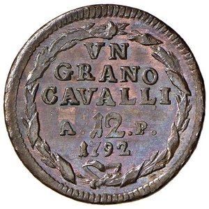 reverse: NAPOLI Ferdinando IV (1759-1799) Grano 1792 - Magliocca 317 CU (g 7,10) Graffio sulla guancia al D/ ma bellissimo esemplare in rame rosso. FDC