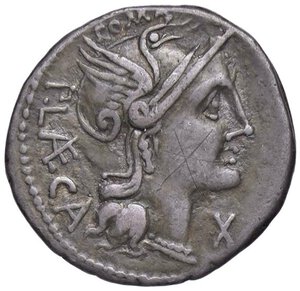 obverse: Porcia - P. Laeca - Denario (110-109 a.C.) Testa di Roma a d. -  R/ Soldato stende la mano sopra un cittadino - B. 4; Cr. 301/1 AG (g 3,66) Graffi sulla guancia al D/. BB