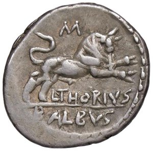 reverse: Thoria - L. Thorius Balbus - Denario (105 a.C.) Testa di Giunone Lanuvia a d. - R/ Toro rampante a d. - B. 1; Cr. 316/1 AG (g 3,84). BB+