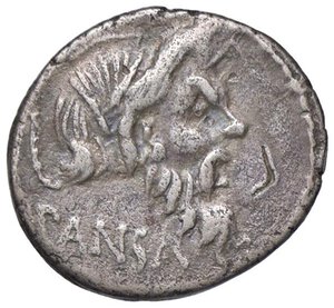 obverse: Vibia - C. Vibius C. n. Pansa Caetronianus - Denario (48 a.C.) Maschera di Pan a d. -  R/ Giove Axur seduto a s. - B. 18; Cr. 449/1a AG (g 3,61) Contromarca al D/, limature al bordo. qBB