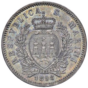 obverse: SAN MARINO 5 Lire 1898 - Gig. 17 AG (g 25,01) Colpetto al bordo. Splendida patina da vecchia raccolta. SPL