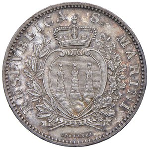 obverse: SAN MARINO 2 Lire 1898 - Gig. 25 AG (g 10,00) Splendida patina e cartellino da vecchia collezione. SPL+