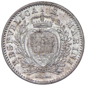 obverse: SAN MARINO Lira 1906 - Gig. 27 AG (g 5,00) Splendida patina, cartellino da vecchia raccolta. qFDC