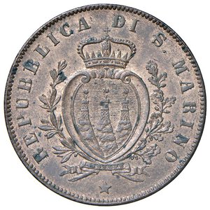 obverse: SAN MARINO 5 Centesimi 1869 - Gig. 38 CU (g 5,07) Zone di rame rosso. Con cartellino da vecchia raccolta. FDC