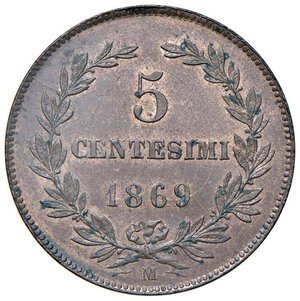 reverse: SAN MARINO 5 Centesimi 1869 - Gig. 38 CU (g 5,07) Zone di rame rosso. Con cartellino da vecchia raccolta. FDC