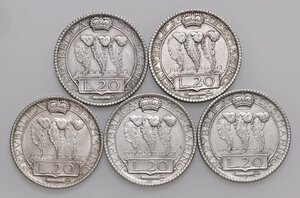 obverse: SAN MARINO 20 Lire 1931, 1932, 1933, 1935 e 1936 - AG (g 14,99 + 15,01 + 14,94 + 15,00 + 15,00) Lotto di cinque monete come da foto. Da esaminare. BB-SPL+