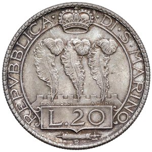 obverse: SAN MARINO 20 Lire 1933 - Gig. 4 AG (g 15,00) Con cartellino di vecchia raccolta. FDC