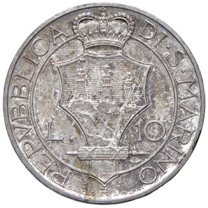 obverse: SAN MARINO 10 Lire 1931 - Gig. 10 AG (g 10,05) Bella patina, con cartellino da vecchia raccolta. SPL+