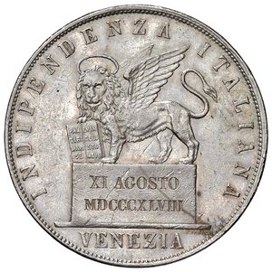 obverse: VENEZIA Governo provvisorio (1848-1849) 5 Lire 1848 - Gig. 3 AG (g 24,90). qSPL