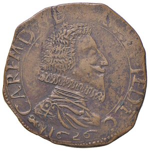 obverse: Carlo Emanuele I (1580-1630) 2 Fiorini 1626 - MIR 648a AE (g 8,76) Interessante falso d’epoca di ottima qualità per questo tipo di moneta. Ex Nomisma 38, lotto 1645. SPL