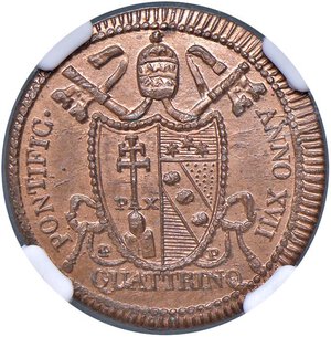 obverse: Roma - Pio VII (1800-1823) Quattrino 1816 an. XVII - D/ PIVS / SEPTIMVS / PONTIFEX / MAXIMVS / MDCCCXVI, in basso segno di zecca R/ PONTIFIC - ANNO XVII, stemma su chiavi, sormontato da tiara; in basso, nei lati, P/P in esergo QUATTRINO - MIR 3054/4 Gig. 74 Cu NC • In slab NGC MS 65 RD n. 6142995-003. FDC