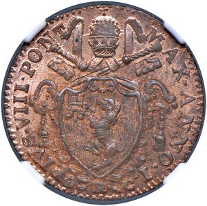 obverse: Roma - Pio VIII (1829-1830) Quattrino 1829 - D/ PIVS VIII PONT - MAX ANNO I, stemma a targa semiovale fra due rami di alloro, sormontato da chiavi decussate con cordone e fiocco e da tiara R/ QVATTRINO / ROMANO / 1829, in corona di mazzetti di tre foglie e due bacche di alloro - MIR 3088/1 Gig. 7 Cu • In slab NGC MS 64+ RB n. 6142995-005. FDC