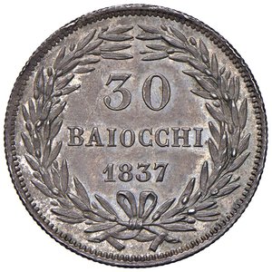 reverse: Roma - Gregorio XVI (1831-1846) 30 Baiocchi 1837 an. VII - D/ GREGORIVS XVI PON MAX A VII, busto a sinistra con zuccheto, mozzetta e stola; sotto il taglio della spalla N.C. (Incisore Nicola Cerbara). In basso segno di zecca - MIR 3106/3 Gig. 98 Ag 8,08 g RRR • Il più raro tra i millesimi di questo nominale di Gregorio XVI.. qFDC