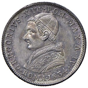 obverse: Roma - Gregorio XVI (1831-1846) 20 Baiocchi 1834 an. IV - D/ GREGORIVS XVI PON MAX A IV, busto a sinistra con zucchetto, mozzetta e stola con rosetta; sotto il taglio della spalla N.C. (Incisore Nicola Cerbara); in basso, nel giro, tra due stellette ROMA 1834 R/ BAI 20, valore sotto stemma su chiavi decussate con cordoni e fiocchi, sormontato da tiara - MIR 3096/1 Gig. 102 Ag 5,27 g NC • In slab NGC MS 64 n. 8234304-010. FDC