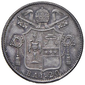 reverse: Roma - Gregorio XVI (1831-1846) 20 Baiocchi 1834 an. IV - D/ GREGORIVS XVI PON MAX A IV, busto a sinistra con zucchetto, mozzetta e stola con rosetta; sotto il taglio della spalla N.C. (Incisore Nicola Cerbara); in basso, nel giro, tra due stellette ROMA 1834 R/ BAI 20, valore sotto stemma su chiavi decussate con cordoni e fiocchi, sormontato da tiara - MIR 3096/1 Gig. 102 Ag 5,27 g NC • In slab NGC MS 64 n. 8234304-010. FDC