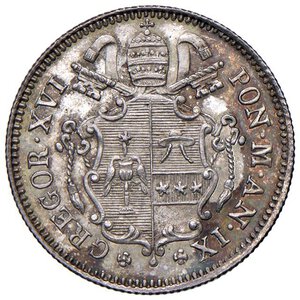 obverse: Roma - Gregorio XVI (1831-1846) 10 Baiocchi 1839 an. IX - D/ GREGOR XVI - PON M AN IX, stemma a targa sormontato da chiavi decussate con cordone e fiocco e da tiara R/ 10 BAIOCCHI 1839, entro rami d ulivo; in basso segno di zecca - MIR 3108/3 Gig. 124 Ag 2,68 g R • Soli 3860 esemplari coniati.. FDC