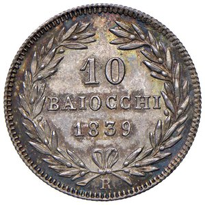 reverse: Roma - Gregorio XVI (1831-1846) 10 Baiocchi 1839 an. IX - D/ GREGOR XVI - PON M AN IX, stemma a targa sormontato da chiavi decussate con cordone e fiocco e da tiara R/ 10 BAIOCCHI 1839, entro rami d ulivo; in basso segno di zecca - MIR 3108/3 Gig. 124 Ag 2,68 g R • Soli 3860 esemplari coniati.. FDC