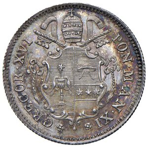 obverse: Roma - Gregorio XVI (1831-1846) 10 Baiocchi 1841 an. XI - D/ GREGOR XVI - PON M AN XI, stemma a targa sormontato da chiavi decussate con cordone e fiocco e da tiara R/ 10 BAIOCCHI 1841, entro rami d ulivo; in basso segno di zecca - MIR 3108/6 Gig. 126 Ag 2,69 g R • Soli 8408 esemplari coniati.. FDC