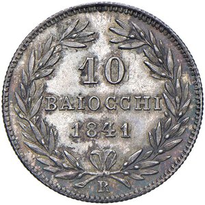 reverse: Roma - Gregorio XVI (1831-1846) 10 Baiocchi 1841 an. XI - D/ GREGOR XVI - PON M AN XI, stemma a targa sormontato da chiavi decussate con cordone e fiocco e da tiara R/ 10 BAIOCCHI 1841, entro rami d ulivo; in basso segno di zecca - MIR 3108/6 Gig. 126 Ag 2,69 g R • Soli 8408 esemplari coniati.. FDC