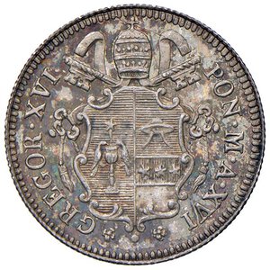 obverse: Roma - Gregorio XVI (1831-1846) 10 Baiocchi 1846 an. XVI - D/ GREGOR XVI - PON M AN XVI, stemma a targa sormontato da chiavi decussate con cordone e fiocco e da tiara R/ 10 BAIOCCHI 1846, entro rami d ulivo; in basso segno di zecca - MIR 3108/15 Gig. 133 Ag 2,69 g • Soli 6649 esemplari coniati.. FDC