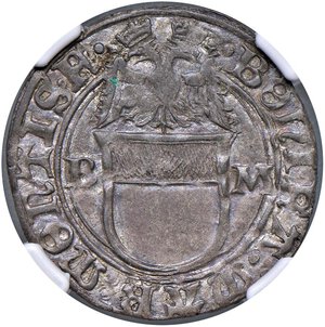 obverse: Casale - Bonifacio I Paleologo (1483-1494) Grosso - D/ BONIFA MAR MONTIS F, stemma sormontato da aquila bicipite tra le lettere BM R/ SVB TVVM PRESIDIVM, croce fiorata con gigli - MIR 175/1 CNI 4 Mi 3,16 g RR • Alta conservazione per il tipo di moneta. Sono noti pochissimi passaggi in asta. TOP POP, miglior esemplare certificato NGC AU 55 n. 6643883-002. SPL/m. di SPL