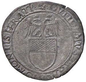 obverse: Casale - Guglielmo II Paleologo (1494-1518) Grosso - D/ GVLIELMVS MARCHIO MONTISFERATI, al centro stemma sormontato da acquila bicipite R/ PRINC VICA PP SACRI RO IMP, croce patente in cornice - MIR 194 ma con MARCHIO MONTIS FERATI anziché MAR MONT FERATI al dritto. CNI 96 Mi 1,90 g R. qSPL