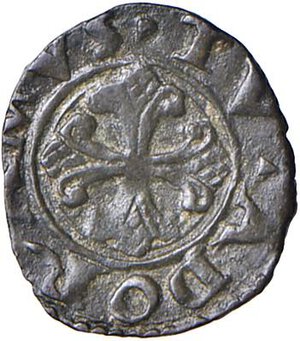 reverse: Casale - Guglielmo II Paleologo (1494-1518) Obolo - D/ GV M  M FERATI, nel campo M tra due punti R/ ADORAMVS TV AM, al centro croce fogliata - MIR 212 CNI 177 Mi 0,43 g RRR. m.di BB