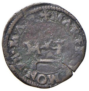 obverse: Casale - Francesco III Gonzaga reggenza della madre Margherita (1540-1550) Trillina - D/ MAR FRAN MON FE MAR, nel campo M F uniti da cordone con fiocchi R/ SANCTVS EVASIVS, al centro busto frontale di Sant  Evasio - MIR 252 CNI 19 Mi 1,10 g RRR. qBB