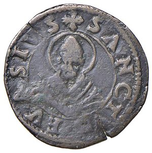 reverse: Casale - Francesco III Gonzaga reggenza della madre Margherita (1540-1550) Trillina - D/ MAR FRAN MON FE MAR, nel campo M F uniti da cordone con fiocchi R/ SANCTVS EVASIVS, al centro busto frontale di Sant  Evasio - MIR 252 CNI 19 Mi 1,10 g RRR. qBB