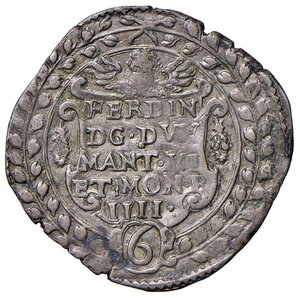 obverse: Casale - Ferdinando Gonzaga (1612-1626) da 6 Grossi - D/ FERDIN / DG DVX / MANT VI / ET MON F / IIII, entro cartella in ghirlanda; in basso 6 R/ DIVAE VIRGINIS CRETAE, busto della Beata Vergine col Bambino; in esergo CASALE - MIR 332 CNI 61 Mi 2,30 g NC. BB-SPL