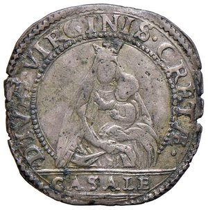 reverse: Casale - Ferdinando Gonzaga (1612-1626) da 6 Grossi - D/ FERDIN / DG DVX / MANT VI / ET MON F / IIII, entro cartella in ghirlanda; in basso 6 R/ DIVAE VIRGINIS CRETAE, busto della Beata Vergine col Bambino; in esergo CASALE - MIR 332 CNI 61 Mi 2,30 g NC. BB-SPL