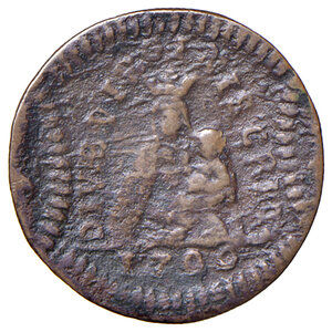 obverse: Casale - Ferdinando Carlo Gonzaga Nevers (1669-1707) Sesino 1706 con la Madonna di Crea D/ DIVAE VRIGINIS CRET, Madonna di Crea con il bambino entro cornice ad archi; in esergo 1706 R/ File di stelle tra dua archi - MIR 365 CNI 4 Cu 1,16 g RRR. BB/MB