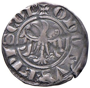 obverse: Acqui - Oddone Bellingeri (1305-1313) Grosso tirolino - D/ ODONVS EPISCOP ,aquila ad ali spiegate R/ AQ - VE -NS - IS, croci sovraposte - MIR 5 CNI 13 Ag 1,33 g RRR • Già di per sé rarissima è ancora più difficile da reperire in discrete condizioni.. BB-SPL