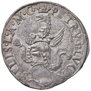 obverse: Messerano - Pier Luca II Fieschi (1528-1548) Cornuto - D/ PETRVS LVCA - S FLIS L A M C, stemma sormontato da elmo coronato, cimiero e svolazzi R/ S - ANTVS TEONES - TVS M A, San Teonesto a cavallo con vessillo - MIR 714 ma con FLIS L A M C anziché FLISCVS L M C al dritto. CNI manca Ag 5,26 g R. SPL