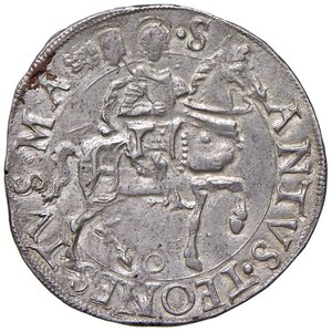 reverse: Messerano - Pier Luca II Fieschi (1528-1548) Cornuto - D/ PETRVS LVCA - S FLIS L A M C, stemma sormontato da elmo coronato, cimiero e svolazzi R/ S - ANTVS TEONES - TVS M A, San Teonesto a cavallo con vessillo - MIR 714 ma con FLIS L A M C anziché FLISCVS L M C al dritto. CNI manca Ag 5,26 g R. SPL