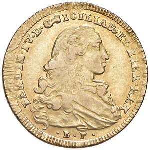 obverse: Napoli -  Ferdinando IV di Borbone (1759-1816) I periodo (1759-1799) Da 6 ducati 1772 - D/ FERDIN IV D G SICILIAR ET HIER REX, busto del Re volto a destra; in esergo la sigla BP R/HISPANIAR - INFANS 1772, stemma ovale coronato, ai lati partendo da sinistra sigle C/R e R; sotto l indicazione del valore - MIR 357/3 Gig. 20 Au 8,79 g. m. di BB