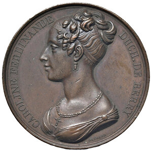 obverse: Napoli - Ferdinando IV di Borbone - IV Periodo (1816-1825) Medaglia 1816 Per le nozze di M. Carolina col Duca di Berry - D/ CAROLINE FERDINANDE - DUCH DE BERRY, busto a sinistra con capelli raccolti e collana con crocefisso R/ CONNEXA - LILIA - CRESCUNT, due steli di giglio foriti e legati da nastro; in esergo CAR FERD NEAPOLITAN. CAR FERD DUCI BITURI 1816 - Ricciardi 112 Ae 37,07 g 40,5 mm. SPL