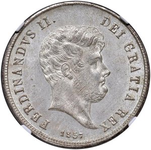 obverse: Napoli - Ferdinando II di Borbone (1830-1859) Mezza piastra da 60 Grana 1857 - D/ FERDINANDVS II DEI GRATIA REX, testa nuda barbuta a destra; in basso la data R/ REGNI VTR - SIC ET HIER, stemma coronato; in basso l indicazione del valore - MIR 507/10 Gig. 113 Ag • In slab NGC MS 64 n. 6636893-009. FDC