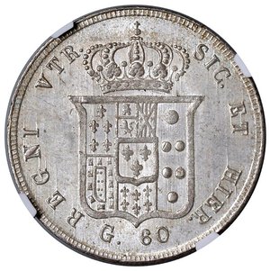 reverse: Napoli - Ferdinando II di Borbone (1830-1859) Mezza piastra da 60 Grana 1857 - D/ FERDINANDVS II DEI GRATIA REX, testa nuda barbuta a destra; in basso la data R/ REGNI VTR - SIC ET HIER, stemma coronato; in basso l indicazione del valore - MIR 507/10 Gig. 113 Ag • In slab NGC MS 64 n. 6636893-009. FDC