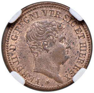 obverse: Napoli - Ferdinando II di Borbone (1830-1859) Tornese 1835 Taglio liscio - D/ D/ FERD II D G REGNI VTR SIC ET HIER REX, testa nuda di Ferdinando II rivolta a destra; in basso sotto al collo una stella a sei punte R/ TORNESE UNO, valore al centro su due righe, in esergo 1835 - MIR 532/4 Gig. 281a Cu 2,97 g • In slab CCG MS 64 n. AB976663. FDC