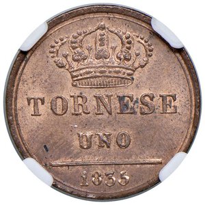 reverse: Napoli - Ferdinando II di Borbone (1830-1859) Tornese 1835 Taglio liscio - D/ D/ FERD II D G REGNI VTR SIC ET HIER REX, testa nuda di Ferdinando II rivolta a destra; in basso sotto al collo una stella a sei punte R/ TORNESE UNO, valore al centro su due righe, in esergo 1835 - MIR 532/4 Gig. 281a Cu 2,97 g • In slab CCG MS 64 n. AB976663. FDC