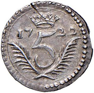 reverse: Palermo - Carlo III d Asburgo (1720-1734) Cinquina 1722 - D/ CAR - III D G, testa laureata a destra R/ Grande 5 coronato e affiancato da due rami di palma - MIR 542 Spahr 10 Ag 0,59 g R. qFDC