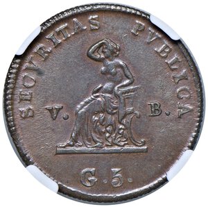 reverse: Palermo - Ferdinando III di Borbone (1759-1816) 5 Grani 1815 - D/ FERD III P F A SICILIAR ET HIER REX, testa del Re coronata volta a destra; in basso 1815 R/ SECVRITAS PVBLICA, la Sicurezza seduta e volta a sinistra, ai lati le sigle V B; in basso G 5 - Spahr 163 Cu • TOP POP, miglior esemplare certificato NGC MS 65 BN n. 6635719-011. FDC