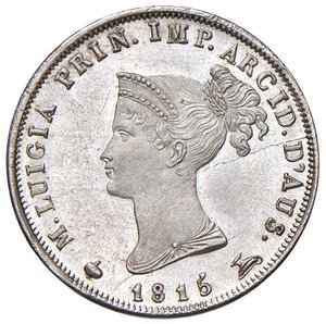 obverse: Parma - Maria Luigia (1815-1847) 10 Soldi 1815 - D/ M LUIGIA PRIN IMP ARCID D AUS, busto diademato a sinistra; in esergo la data R/ PER LA GR DI DIO D DI PARMA P G, grande monogramma ML coronato; valore in esergo - Gig. 10 Ag 2,50 g • Fondi praticamente a specchio.. FDC